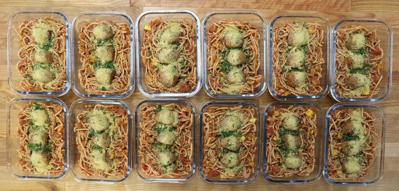 Spaghetti pie with meatless meatballs